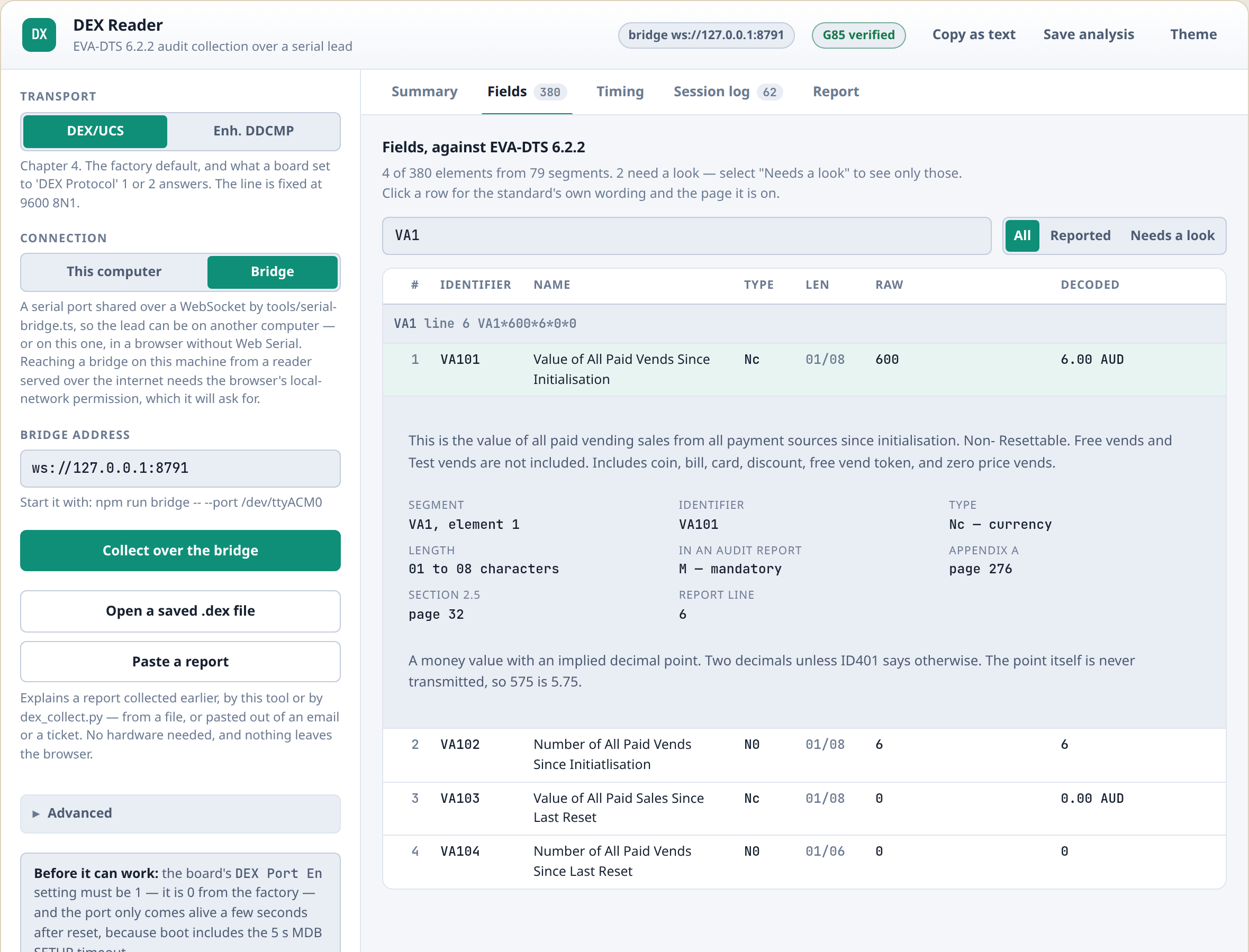 The fields view, with element VA101 expanded to show the standard&rsquo;s own wording and its appendix A page