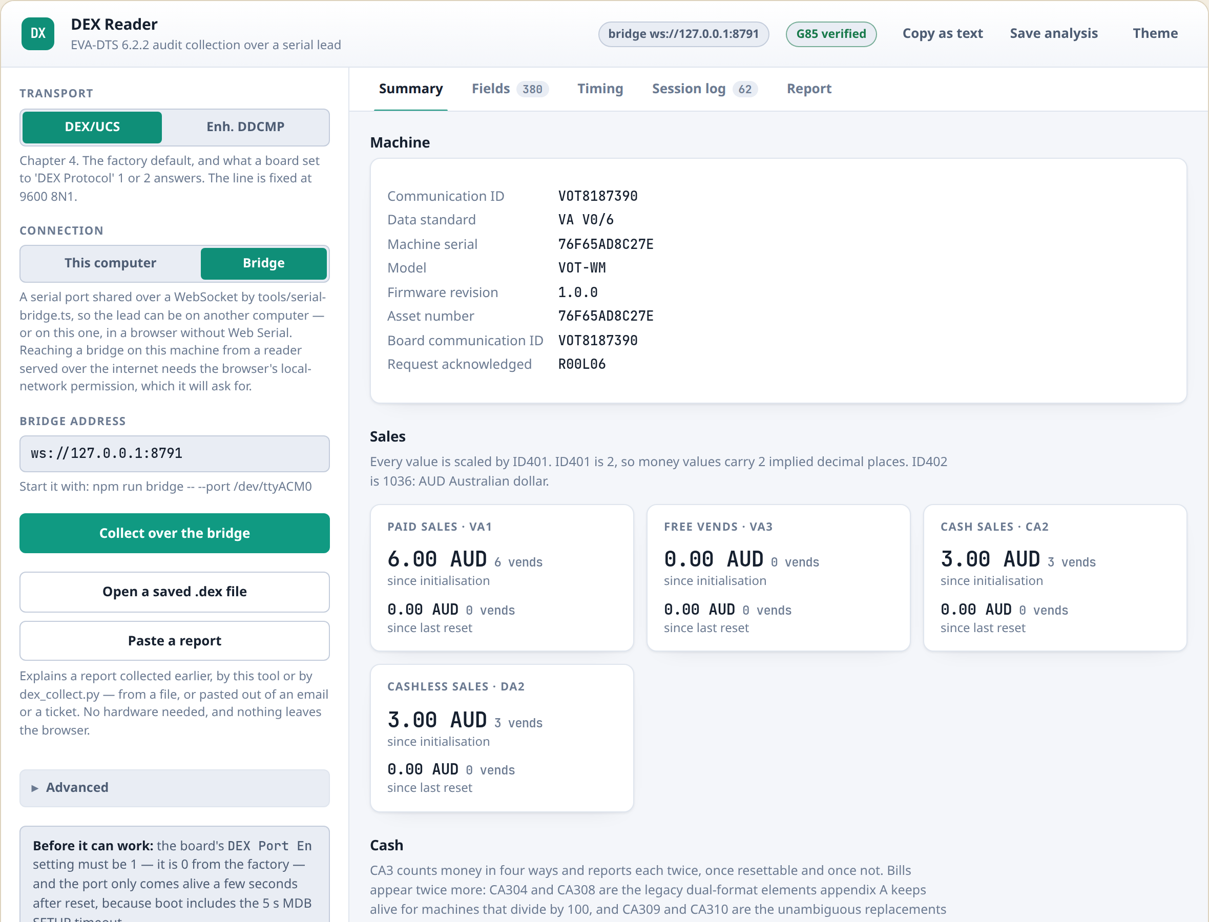 The DEX reader&rsquo;s summary view, showing machine identity, sales roll-ups, cash and a per-selection table